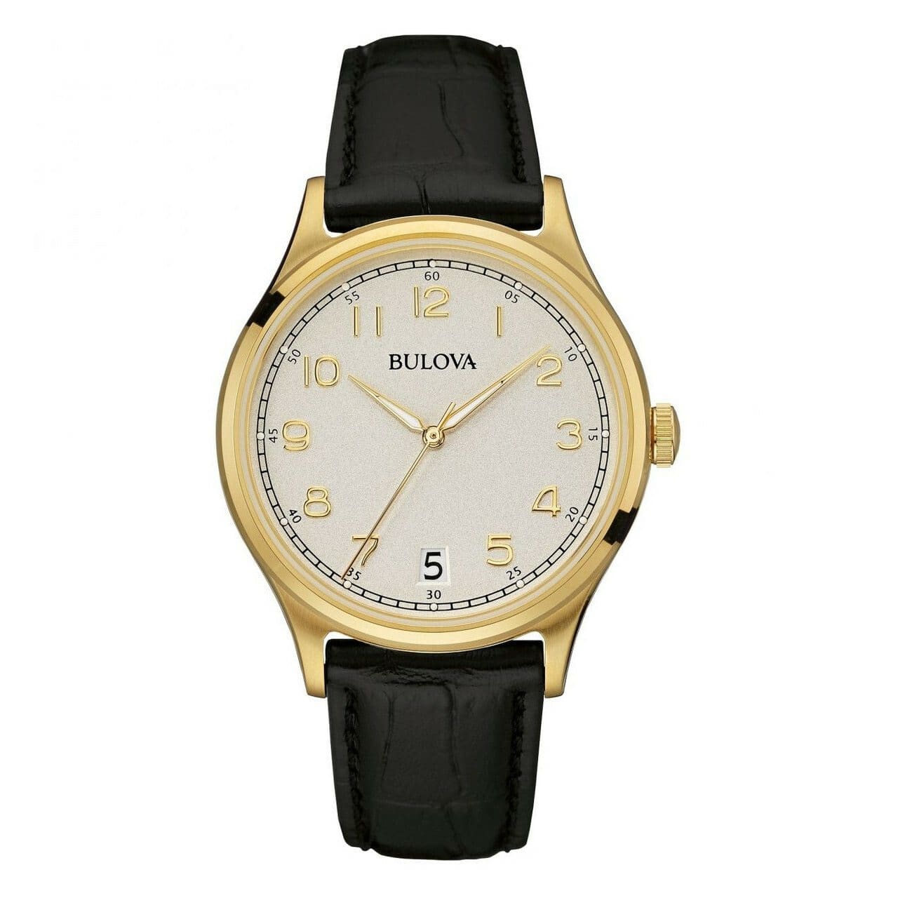 Bulova 97B147 Classic men's watch with cream dial and black leather strap, showcasing elegant design and craftsmanship.