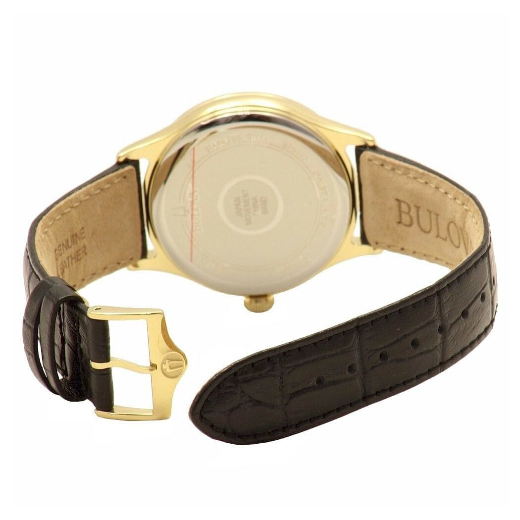 Bulova 97B147 Classic men's watch with cream dial and black leather strap, showcasing elegant design and craftsmanship.