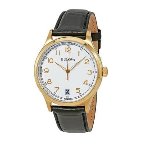 Bulova 97B147 Classic men's watch with cream dial and black leather strap, showcasing elegant design and craftsmanship.