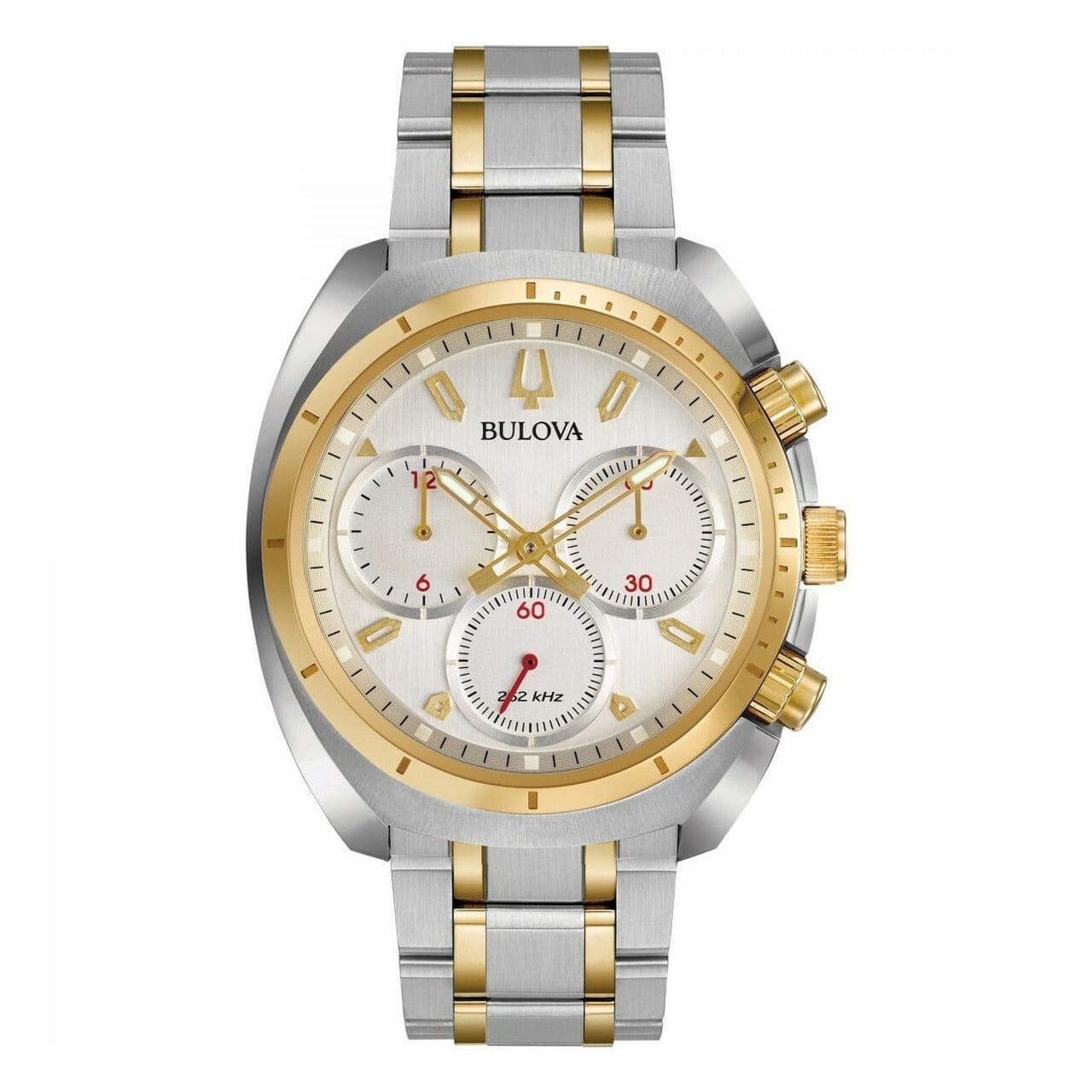 Bulova 98A157 CURV Two Tone Silver Dial Men's Chronograph Watch featuring a curved design, silver dial, and two-tone stainless steel bracelet.