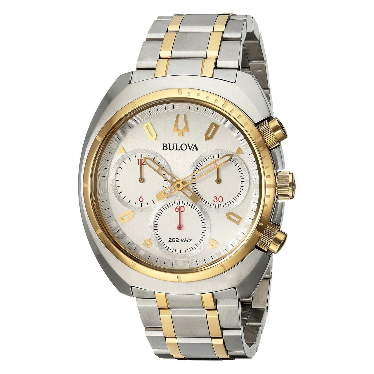 Bulova 98A157 CURV Two Tone Silver Dial Men's Chronograph Watch featuring a curved design, silver dial, and two-tone stainless steel bracelet.