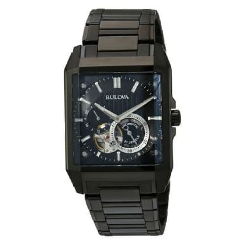 Bulova 98A180 Classic Open Heart Men's Watch featuring a black dial and stainless steel bracelet.