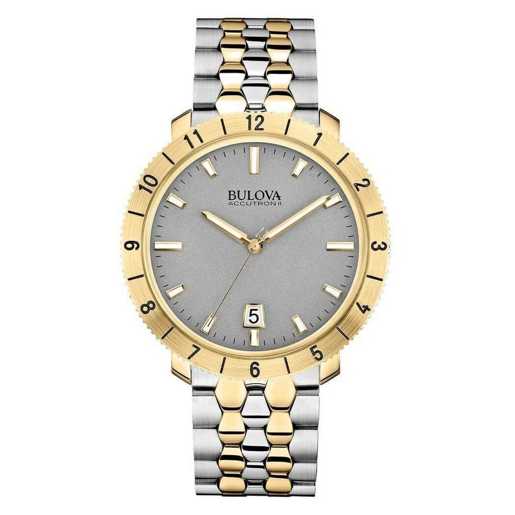 Bulova 98B216 Accutron II Moonview watch featuring a two-tone stainless steel case and grey dial with luminous hands.