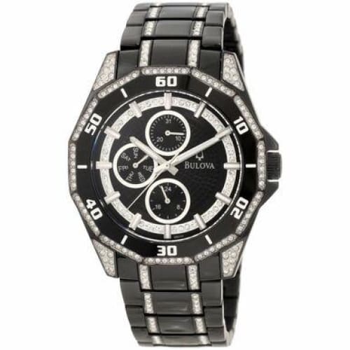 Bulova 98C111 Men's Watch with Black Ion Plating and Swarovski Crystal Accents, featuring a round black dial and stainless steel bracelet.