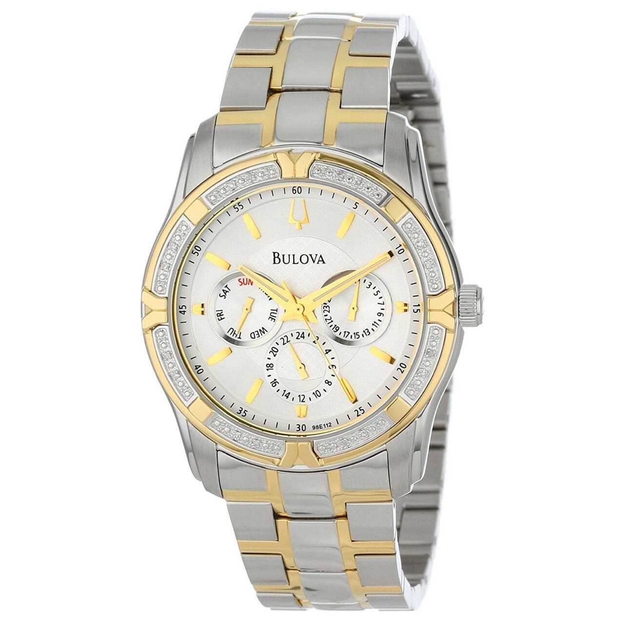 Bulova 98E112 Men's Multi-Function Watch with silver dial and diamond accents, featuring a two-tone stainless steel band.