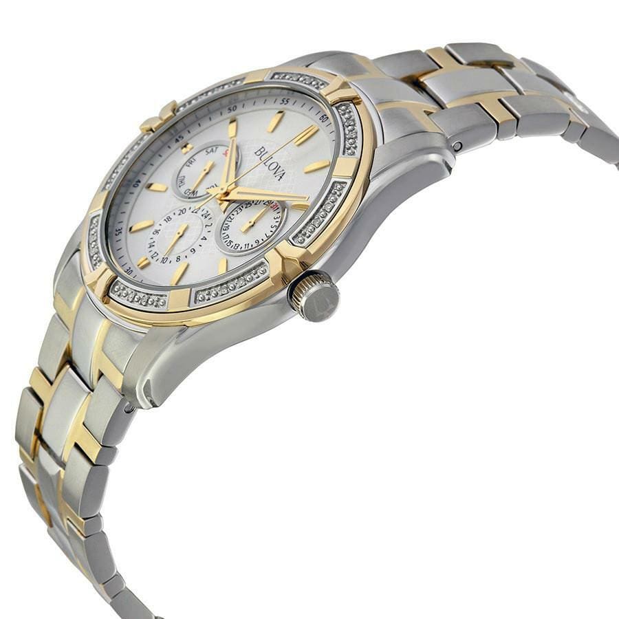 Bulova 98E112 Men's Multi-Function Watch with silver dial and diamond accents, featuring a two-tone stainless steel band.