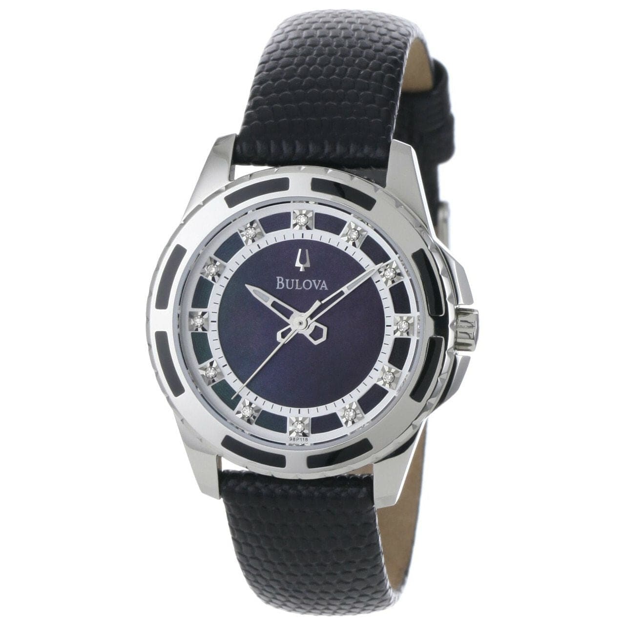 Bulova 98P118 Diamond Accent Mother of Pearl Dial Black Leather Watch showcasing a round stainless steel case, black leather strap, and elegant diamond accents.