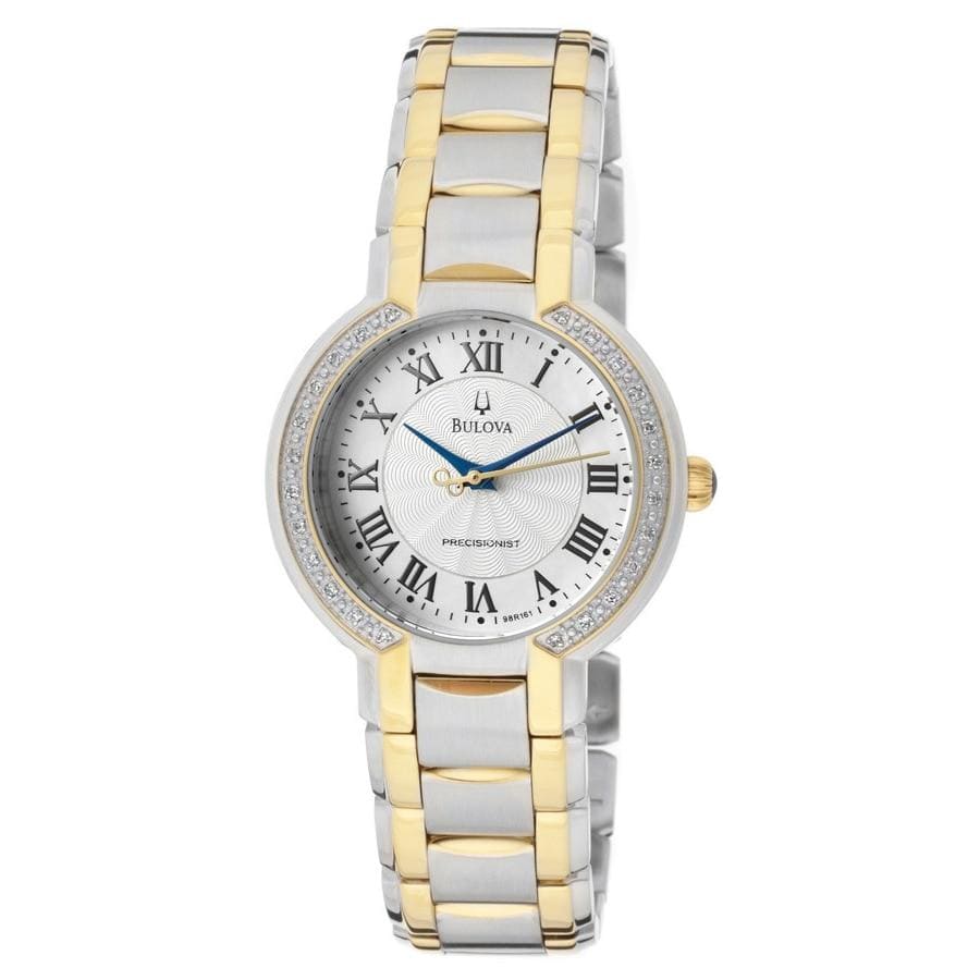 Bulova 98R161 Ladies Fairlawn Precisionist watch featuring diamond accents, two-tone stainless steel bracelet, and mother-of-pearl dial.