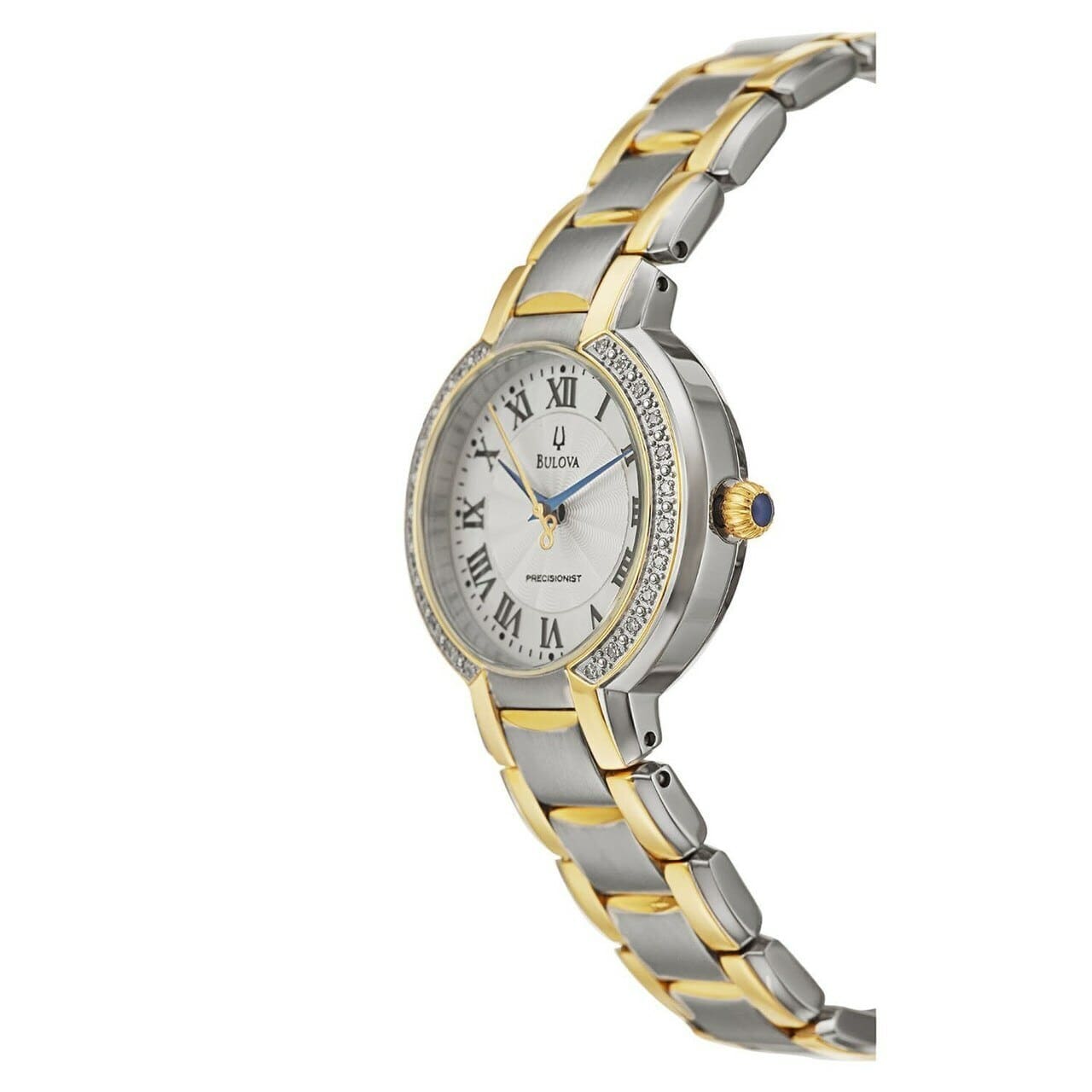 Bulova 98R161 Ladies Fairlawn Precisionist watch featuring diamond accents, two-tone stainless steel bracelet, and mother-of-pearl dial.