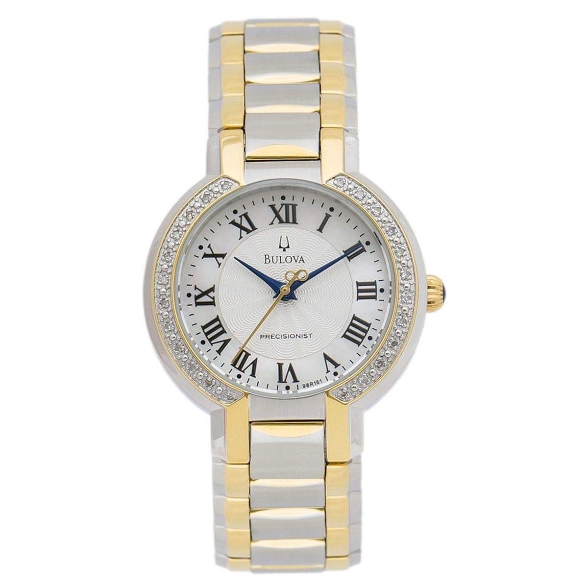 Bulova 98R161 Ladies Fairlawn Precisionist watch featuring diamond accents, two-tone stainless steel bracelet, and mother-of-pearl dial.