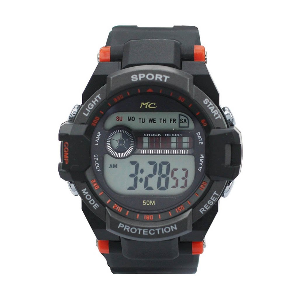 Montres Carlo Burbank Orange Digital LCD Watch with plastic case and band, showcasing vibrant orange display.