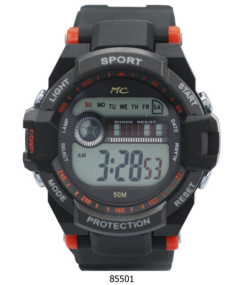 Montres Carlo Burbank Orange Digital LCD Watch with plastic case and band, showcasing vibrant orange display.