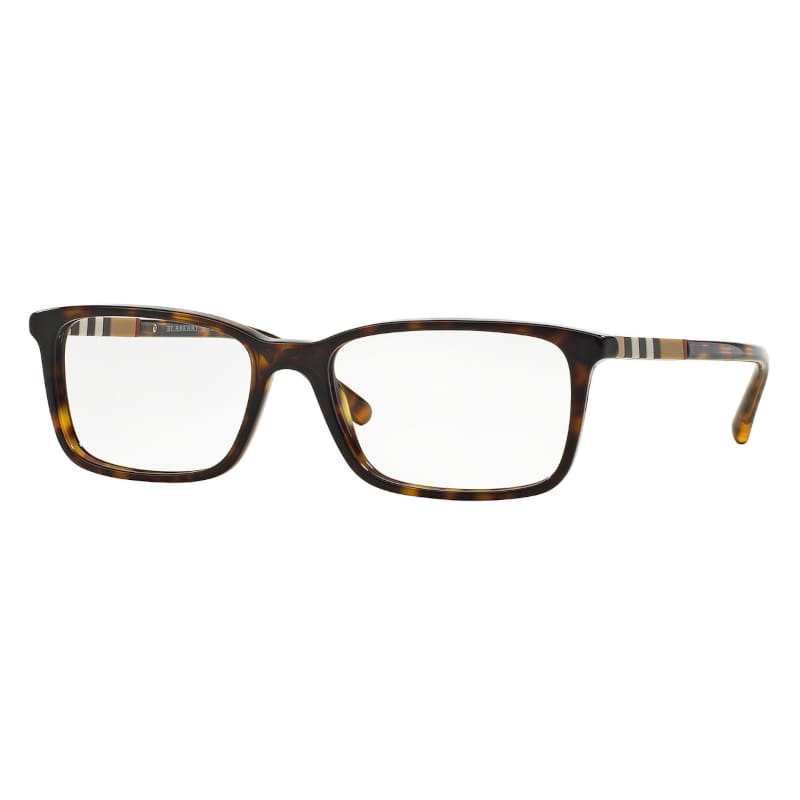 Burberry BE2199-3002 Unisex Acetate Dark Havana Square Frame 53mm Lens Optical Eyeglasses displayed with case and cleaning cloth.