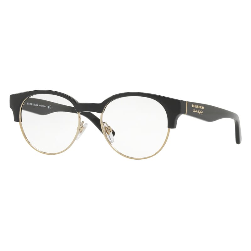 Burberry BE2261-3001 unisex eyeglasses featuring a black and light gold round acetate frame with 50mm lenses.