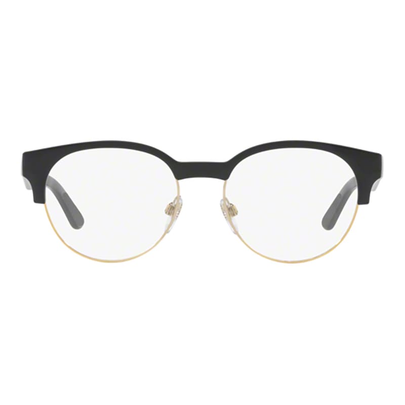 Burberry BE2261-3001 unisex eyeglasses featuring a black and light gold round acetate frame with 50mm lenses.