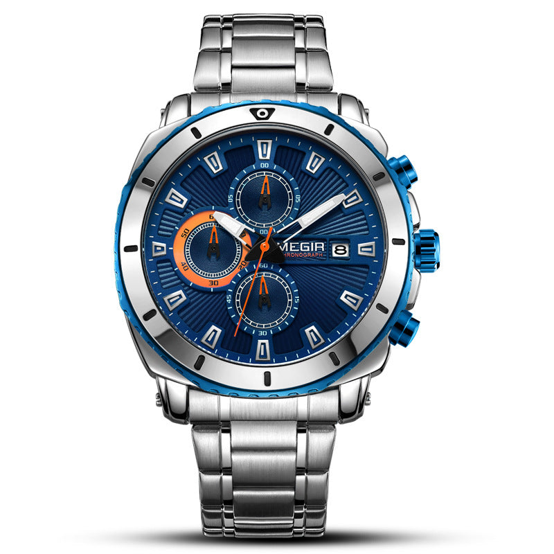 Business Sports Steel Band Quartz Watch for Men with luminous display and stainless steel strap, showcasing a round dial and chronograph features.