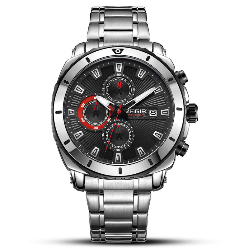 Business Sports Steel Band Quartz Watch for Men with luminous display and stainless steel strap, showcasing a round dial and chronograph features.