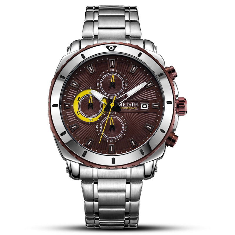 Business Sports Steel Band Quartz Watch for Men with luminous display and stainless steel strap, showcasing a round dial and chronograph features.