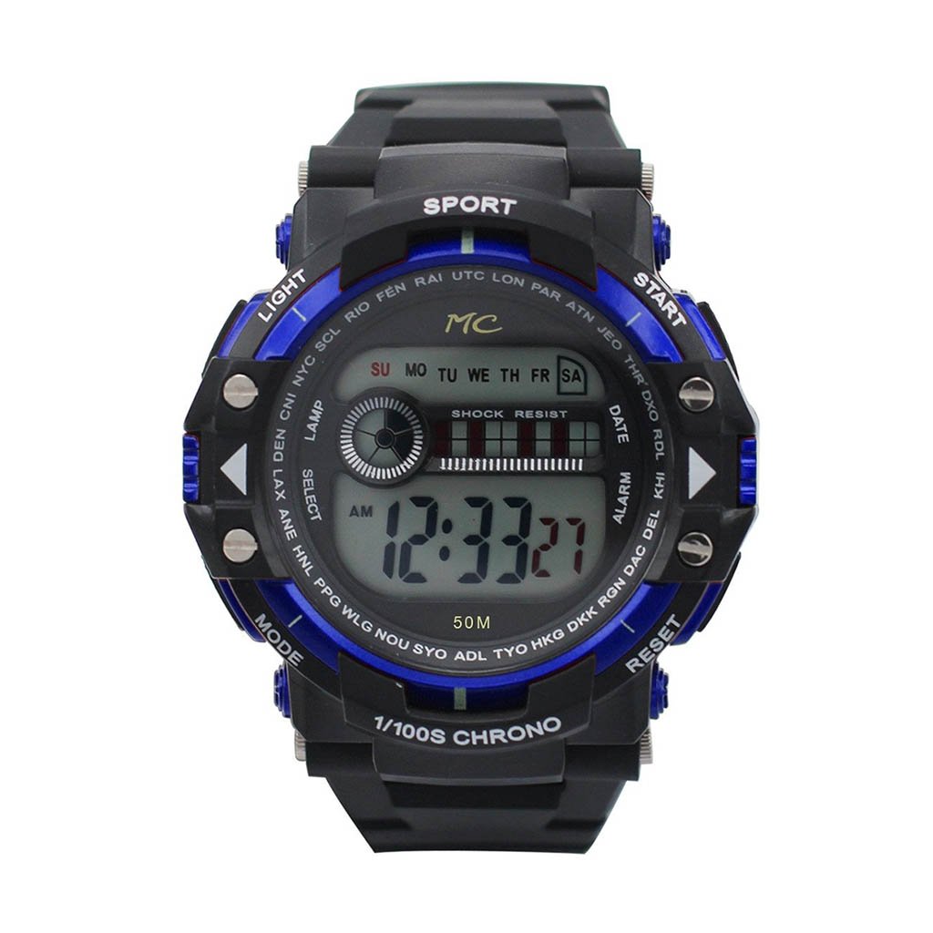 Montres Carlo Calexico Blue Digital Watch with LCD display and plastic band.