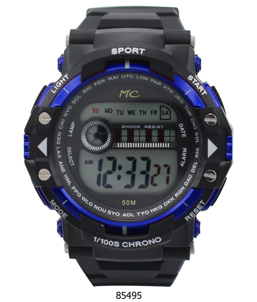 Montres Carlo Calexico Blue Digital Watch with LCD display and plastic band.