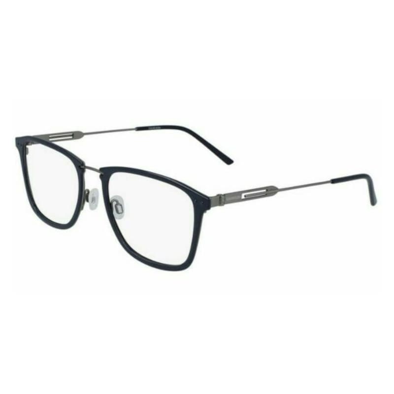 Calvin Klein CK19717-410 unisex navy square metal frame eyeglasses with 55mm demo lens, showcasing modern design and craftsmanship.