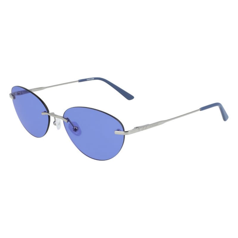 Calvin Klein CK20102S-445 women's sunglasses featuring a cornflower blue mirror round metal frame and 57mm blue lenses.