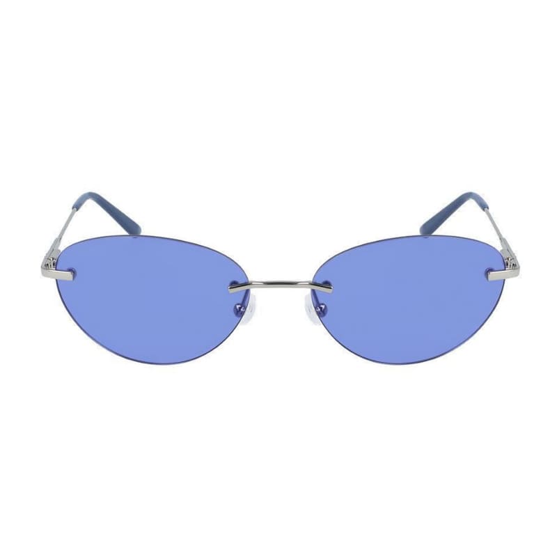 Calvin Klein CK20102S-445 women's sunglasses featuring a cornflower blue mirror round metal frame and 57mm blue lenses.