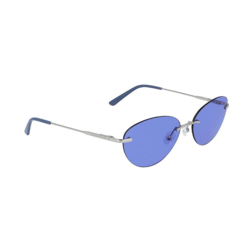 Calvin Klein CK20102S-445 women's sunglasses featuring a cornflower blue mirror round metal frame and 57mm blue lenses.