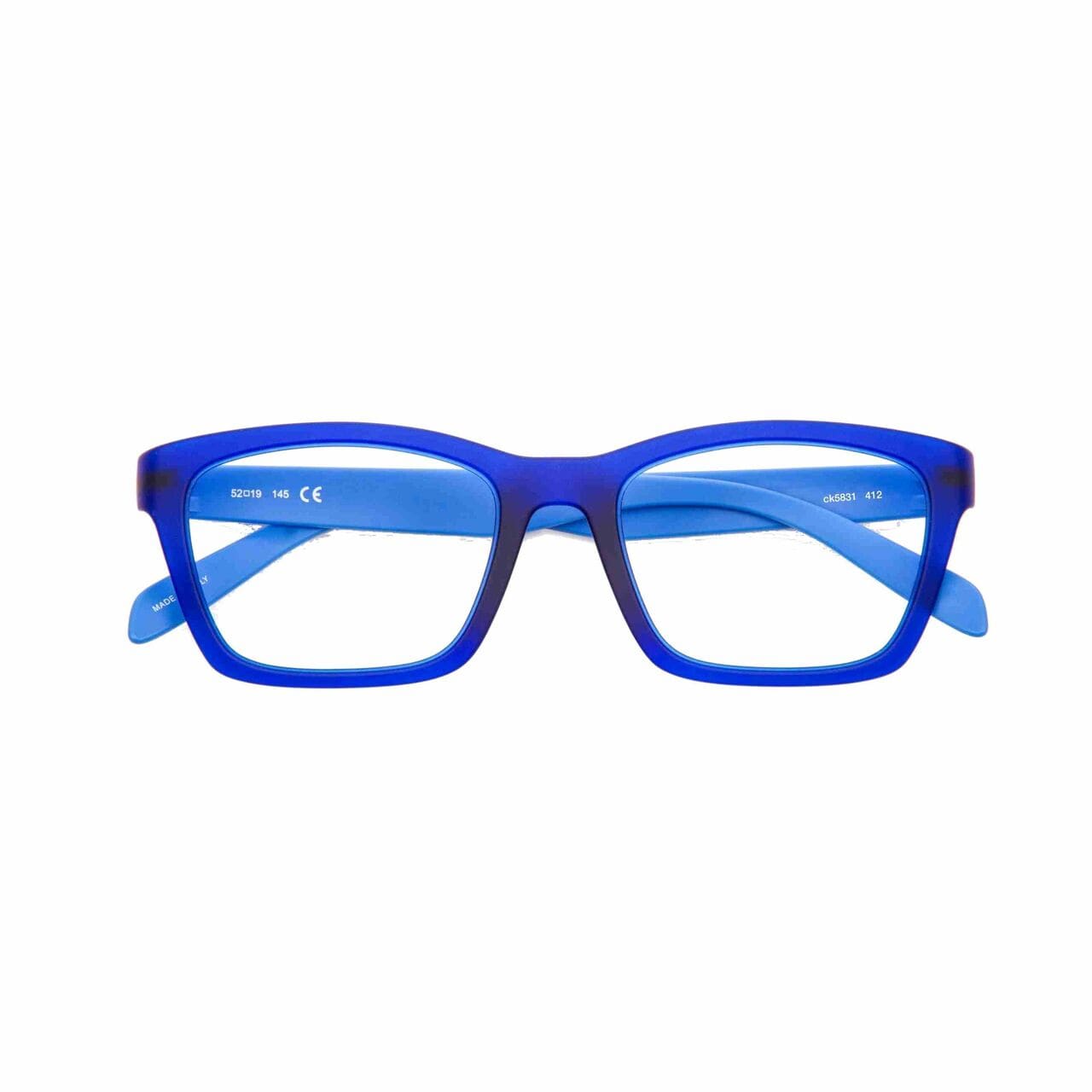 Calvin Klein CK-5831-412 Blue Square Unisex Plastic Eyeglasses showcasing a stylish blue frame and square lenses.