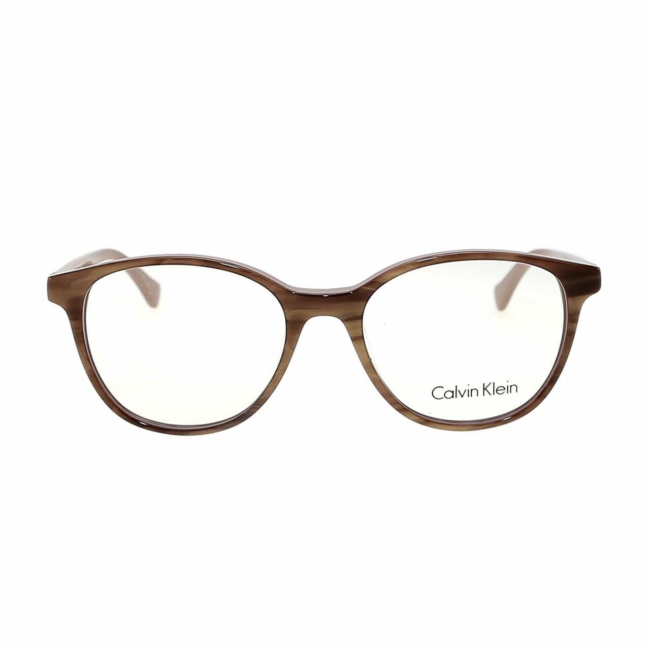 Calvin Klein CK-5884-240 Striped Light Brown Round Women's Plastic Eyeglasses displayed elegantly with a stylish case.