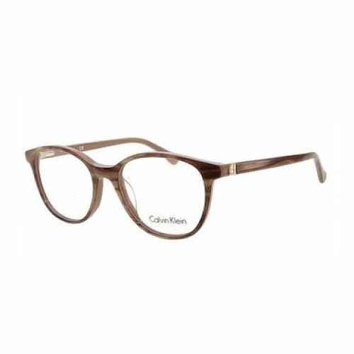 Calvin Klein CK-5884-240 Striped Light Brown Round Women's Plastic Eyeglasses displayed elegantly with a stylish case.