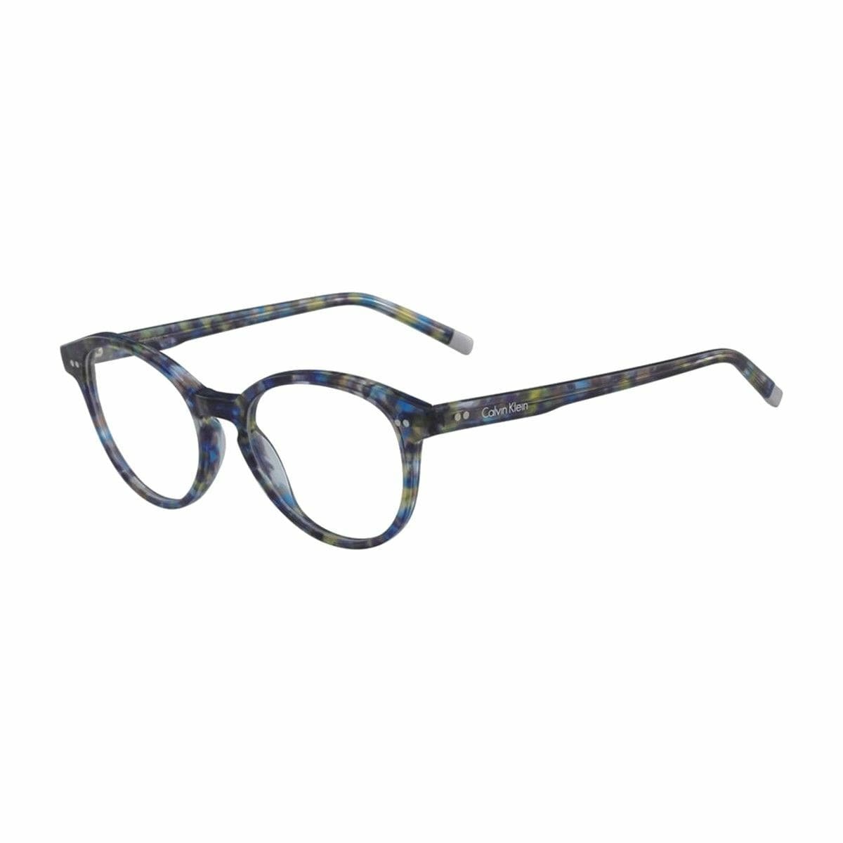 Calvin Klein CK-5991-461 Spotted Blue Round Women's Plastic Eyeglasses showcasing a stylish round frame in a vibrant spotted blue color.