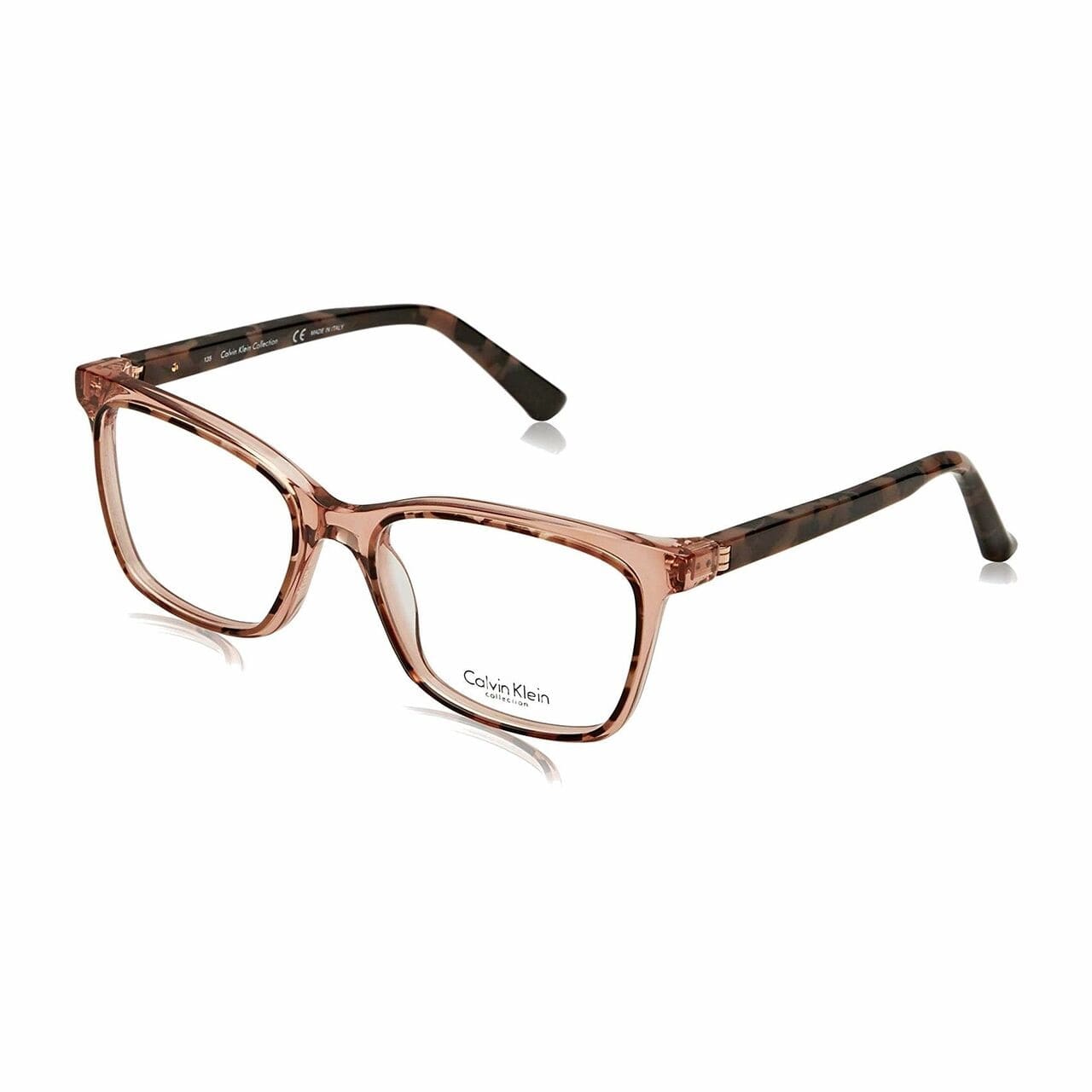 Calvin Klein CK-8580-643 Rose Tortoise Square Women's Plastic Eyeglasses displayed elegantly with a stylish case.