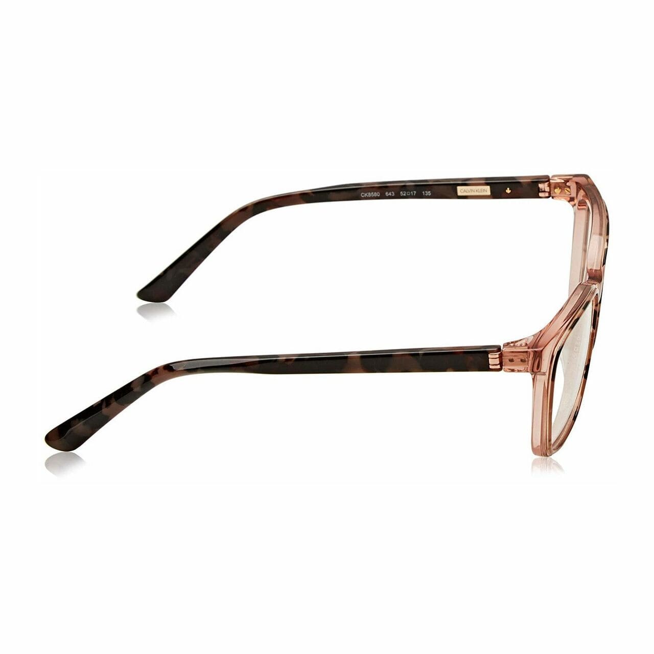 Calvin Klein CK-8580-643 Rose Tortoise Square Women's Plastic Eyeglasses displayed elegantly with a stylish case.