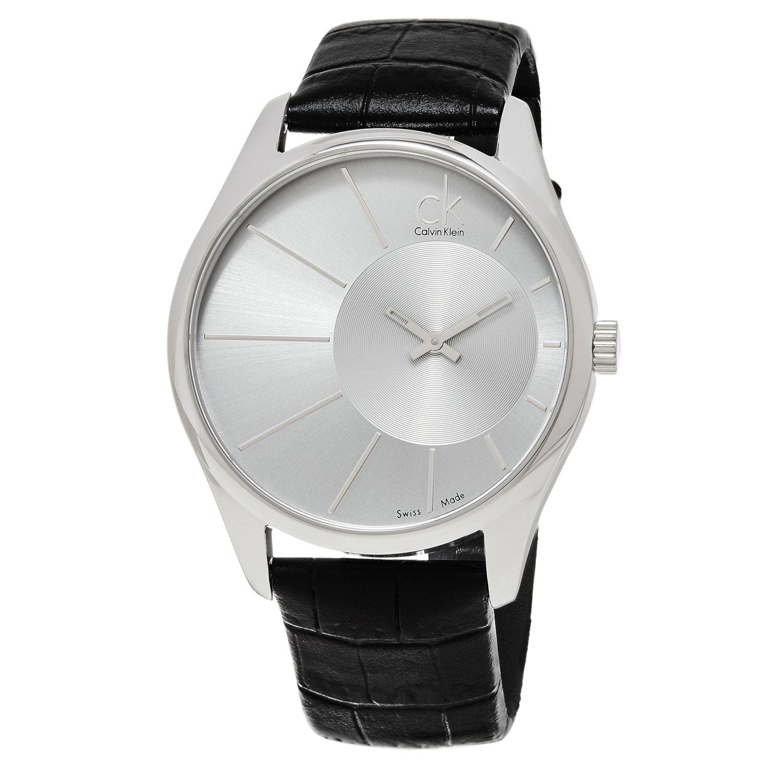 Calvin Klein Men's K0S21120 Deluxe watch featuring a silver dial and black leather strap, showcasing its elegant design and polished stainless steel case.