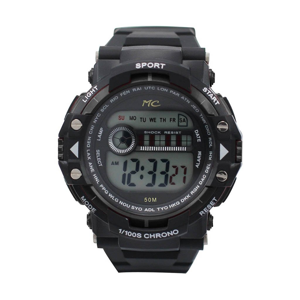 Montres Carlo Carmel Black Digital Watch with LCD display and plastic band, showcasing its sleek design and functionality.