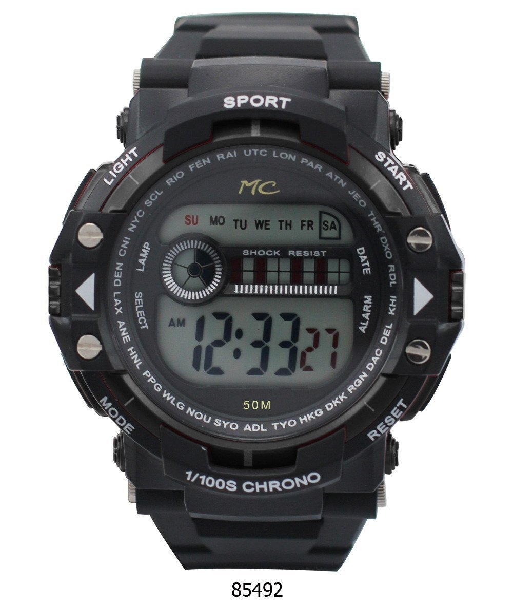 Montres Carlo Carmel Black Digital Watch with LCD display and plastic band, showcasing its sleek design and functionality.