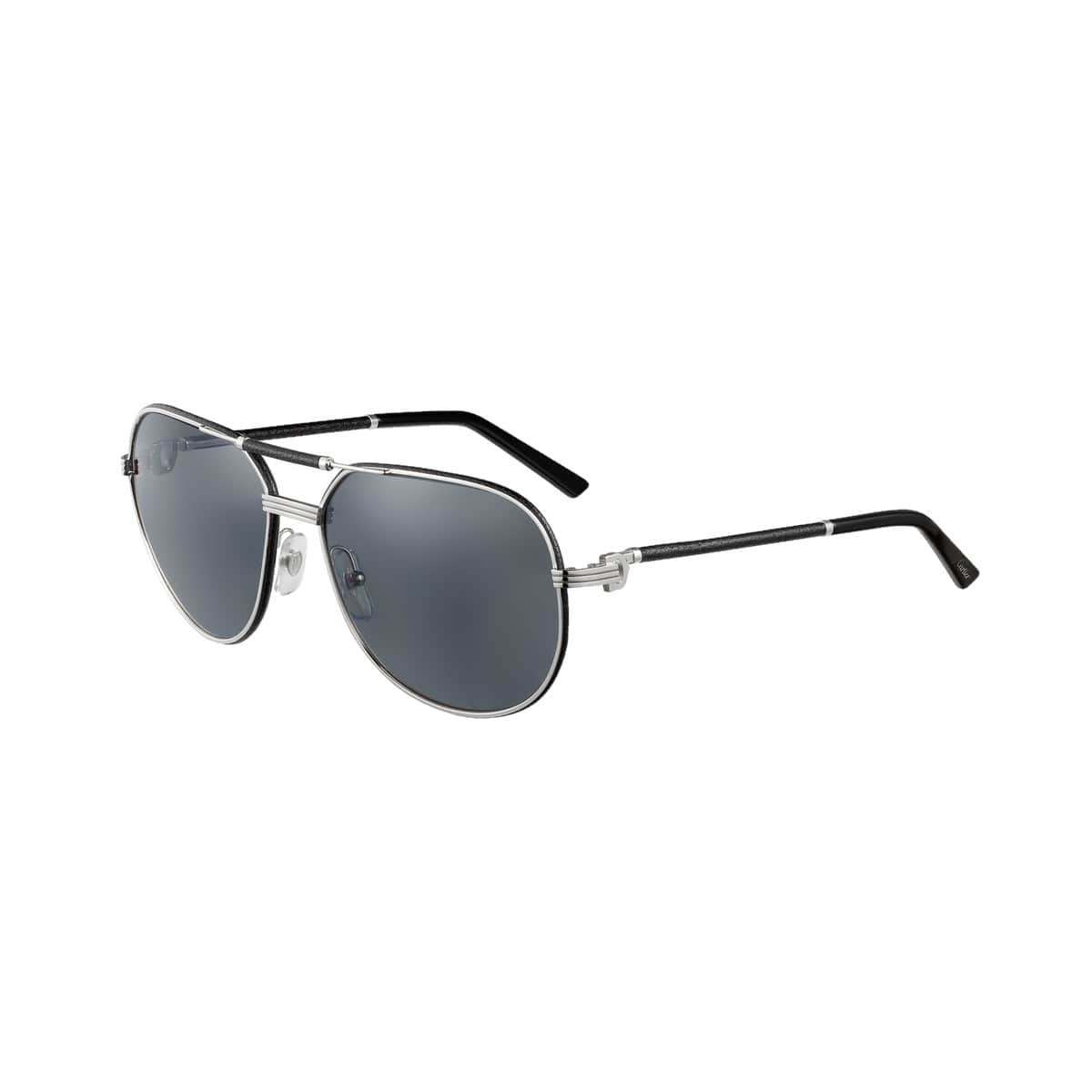 Cartier CT0053S-002 Silver Black Aviator Sunglasses with Grey Polarized Lens, showcasing elegant design and luxury craftsmanship.