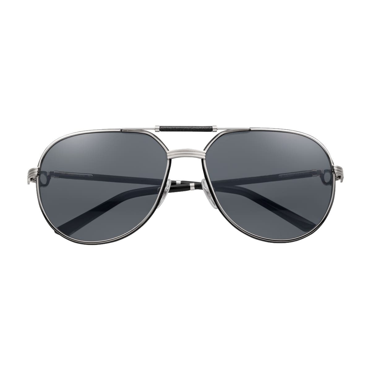 Cartier CT0053S-002 Silver Black Aviator Sunglasses with Grey Polarized Lens, showcasing elegant design and luxury craftsmanship.