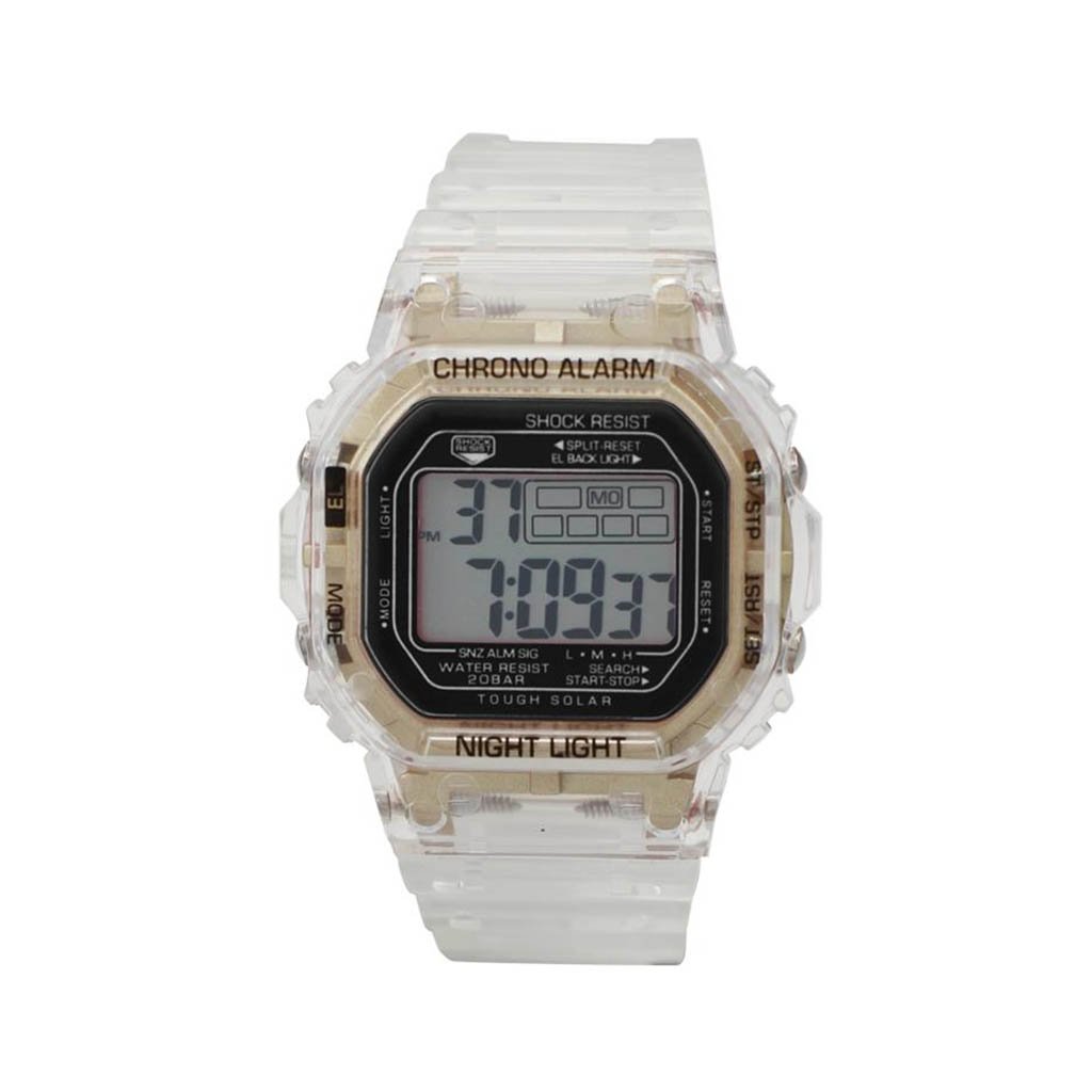 Casa Grande Smokey Transparent LCD Watch with a transparent/gold case and black face, featuring a silicon band.