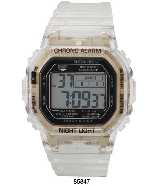 Casa Grande Smokey Transparent LCD Watch with a transparent/gold case and black face, featuring a silicon band.