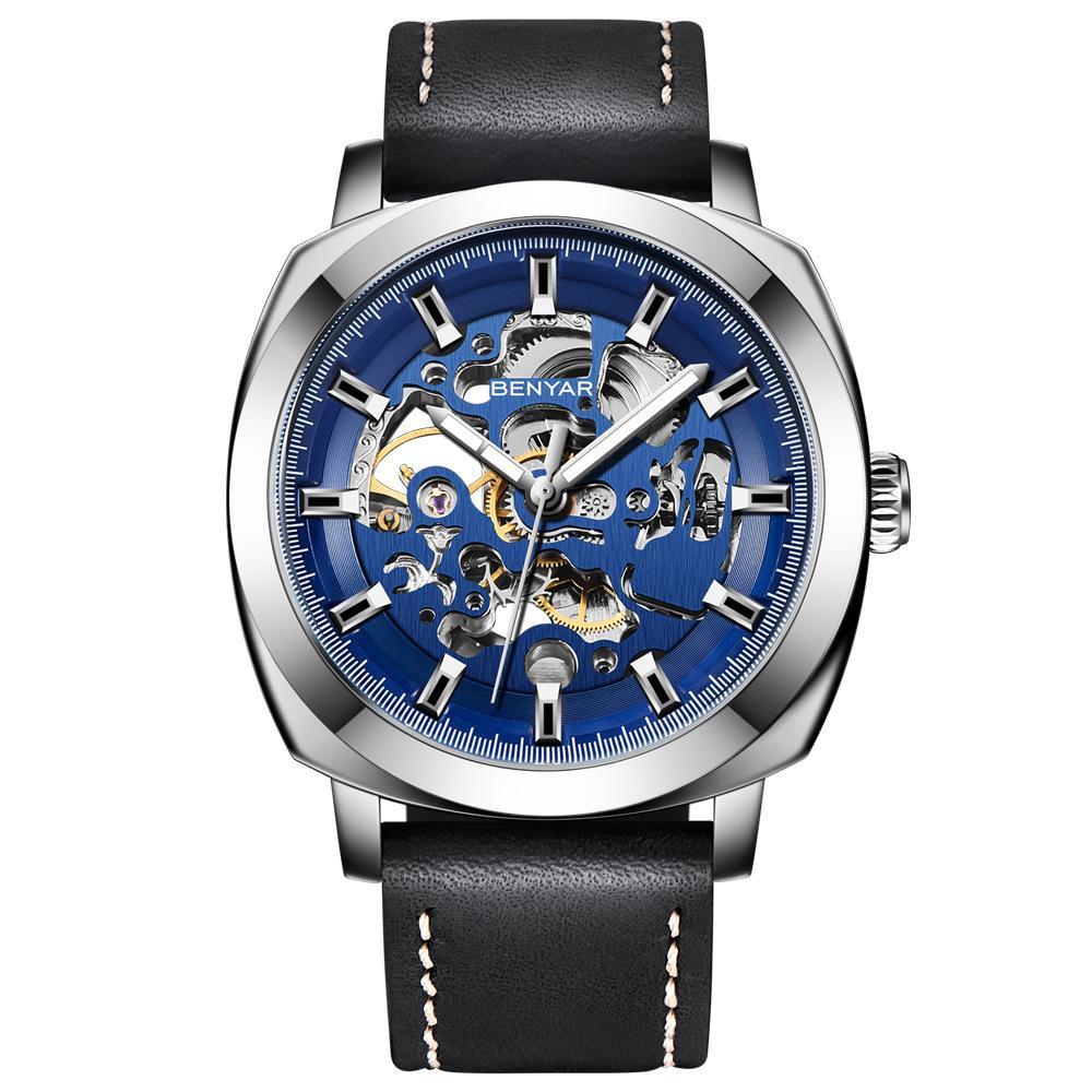 Casual Business Hollow Mechanical Watch for Men featuring a zinc alloy case and soft leather strap, showcasing its intricate mechanical design.