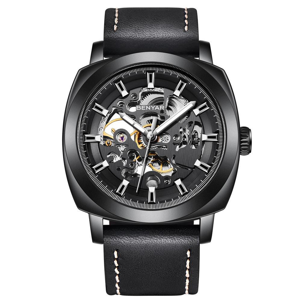 Casual Business Hollow Mechanical Watch for Men featuring a zinc alloy case and soft leather strap, showcasing its intricate mechanical design.