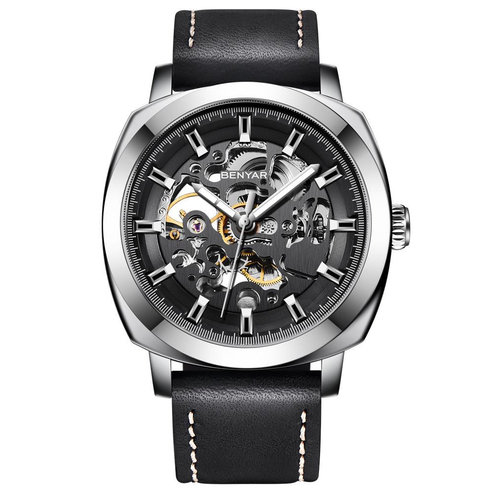 Casual Business Hollow Mechanical Watch for Men featuring a zinc alloy case and soft leather strap, showcasing its intricate mechanical design.