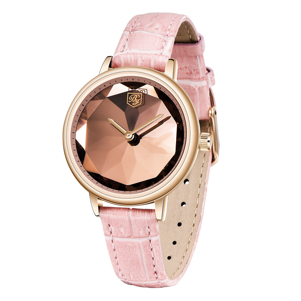 A stylish Casual High Quality Quartz Ladies Watch featuring a round dial, leather strap, and stainless steel pin buckle, perfect for daily wear.