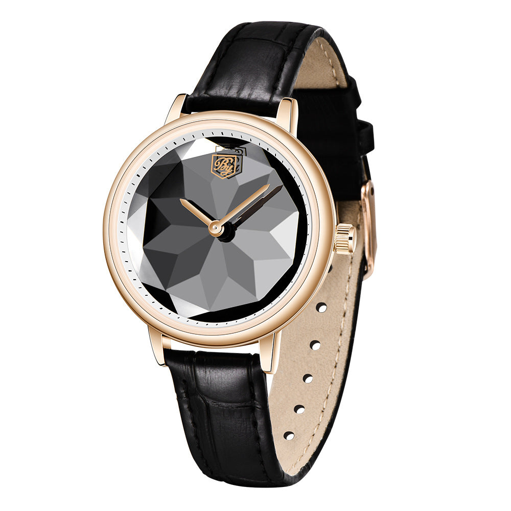 A stylish Casual High Quality Quartz Ladies Watch featuring a round dial, leather strap, and stainless steel pin buckle, perfect for daily wear.