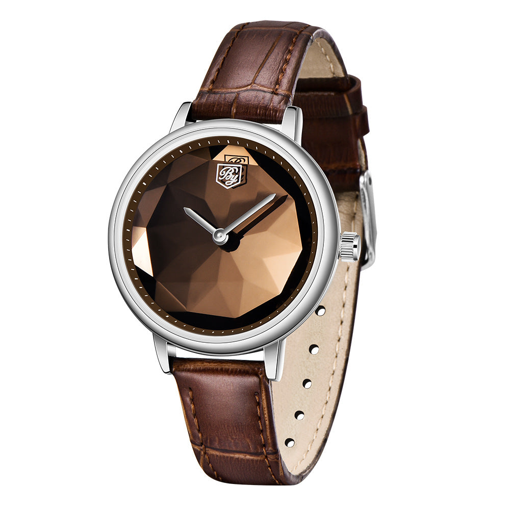 A stylish Casual High Quality Quartz Ladies Watch featuring a round dial, leather strap, and stainless steel pin buckle, perfect for daily wear.