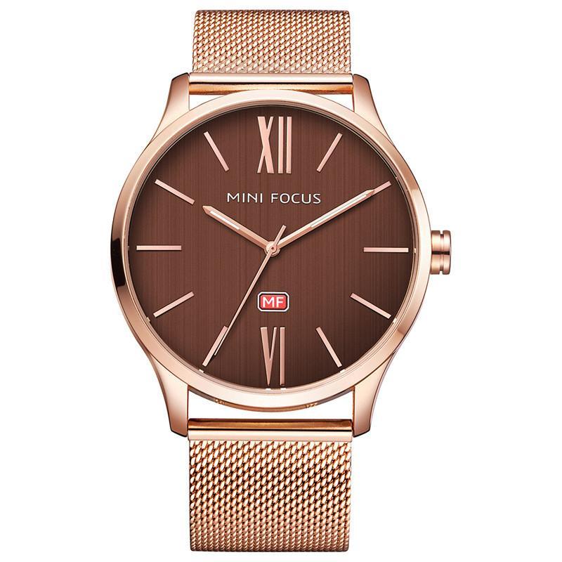 Casual Waterproof Steel Mesh Quartz Watch featuring a stylish zinc alloy case and soft stainless steel mesh band, available in multiple colors.