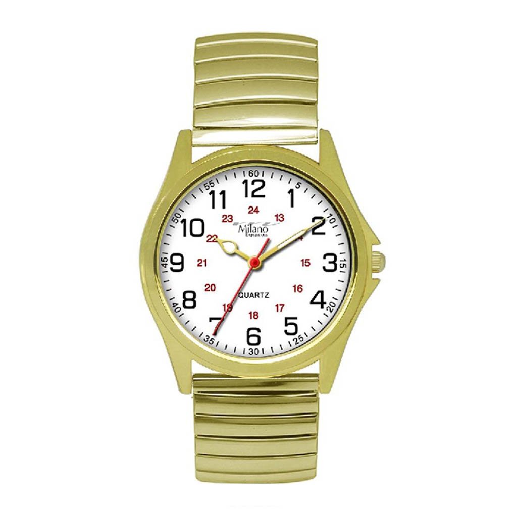 Catonsville M Milano Expressions Gold Flex Strap Watch featuring a white dial and stainless steel band.