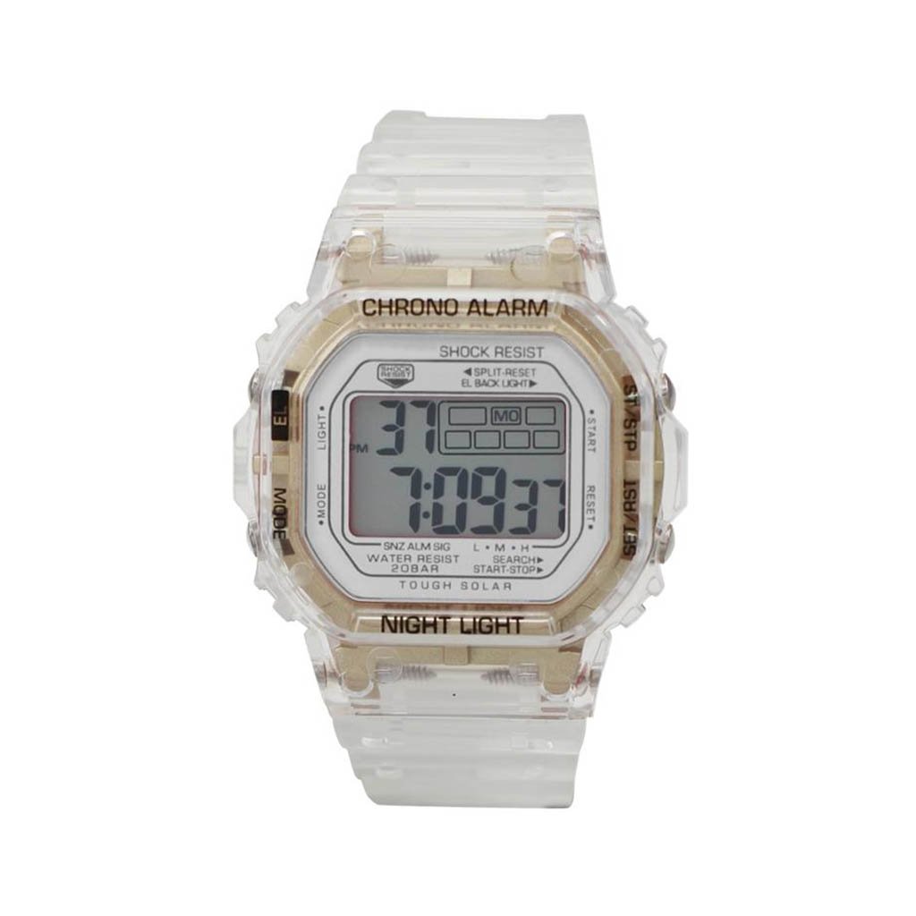 Chandler Smokey Transparent LCD Watch with transparent/gold case and white face, showcasing its stylish design and silicon band.